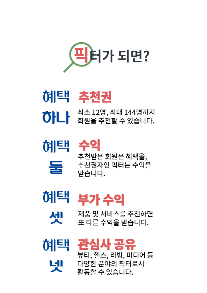 픽터가 되면? 추천권 혜택, 수익을 나눠받습니다, 부가수익창출, 부업, 관심사 공유, SNS계정만 있다면 누가나 픽터에 도전 할 수 있습니다.